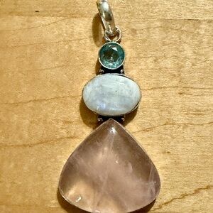 Lovely Rose Quartz, Moonstone, Aqua Marine Pendant Necklace - 925 Plated/Stamped